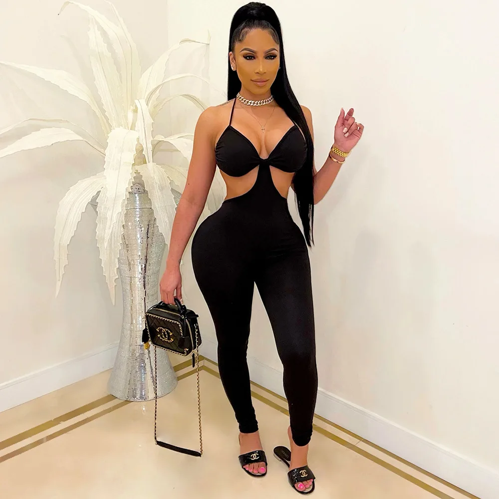 

5 colors Women Plus Size Hollow Out Plunge V-neck Sexy & Club Solid Bodycon Jumpsuits