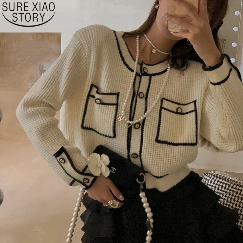 

Autumn Clothes Casual O-neck Long Sleeve Knitted Tops New Elegant Fashion White Black Cardigans Women Chic Sweaters Blusas 17561