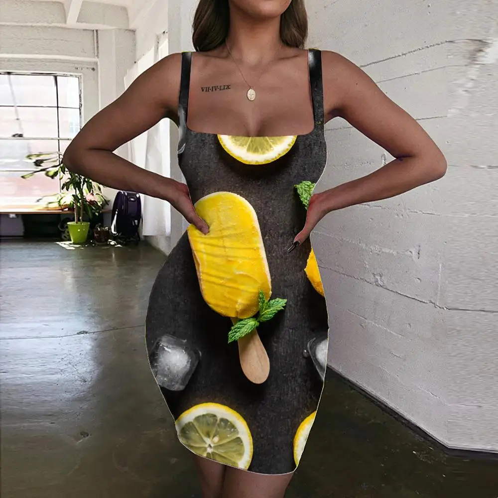 

Женский сарафан с принтом фруктов KYKU, летнее облегающее пляжное платье с изображением мороженого