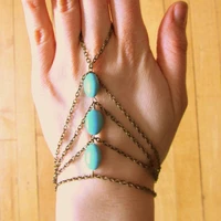 multilayer punk gold silver color chain bracelets for women fashion vintage green opal stone finger ring bracelet hand jewelry