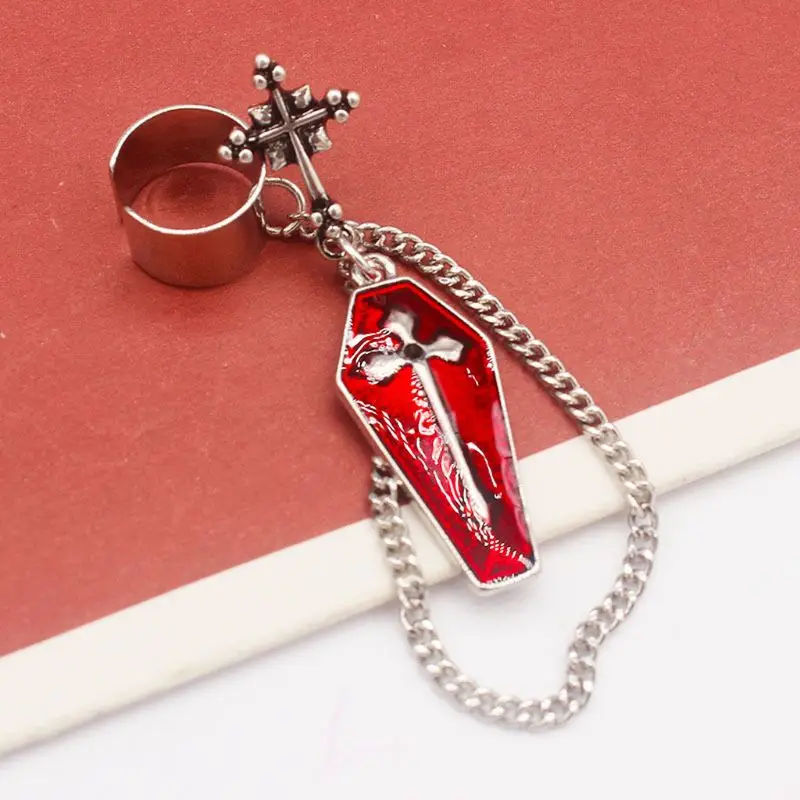 

1Pc Gothic Punk Red Spider Cross Coffin silver color Finish Long Chain Ear Cuff Dangle Earrings for Women Fashion Jewelry Unisex