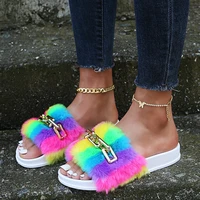 summer casual slippers for outer wear thick soled color blocking furry womens slippers chain shaped sandals and slippers women