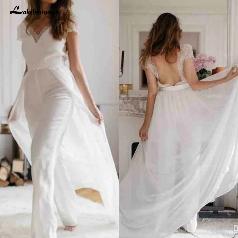 Кружевной комбинезон свадебные платья со съемным шлейфом 2020 с V образным вырезом