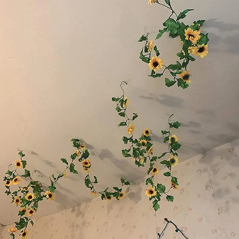 

4 Pcs Artificial Sunflower Garland,Silk Sunflower Vine with Leaves,Faux Flowers Fake Wall Hanging for DIY Wreath Decor