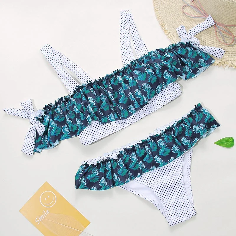 Новинка 2019 бикини с открытыми плечами женский купальник оборками пляжный Модный