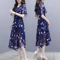 summer dress for women 2022 floral chiffon slim v neck flare sleeve knee length vestidos office lady red blue high quality