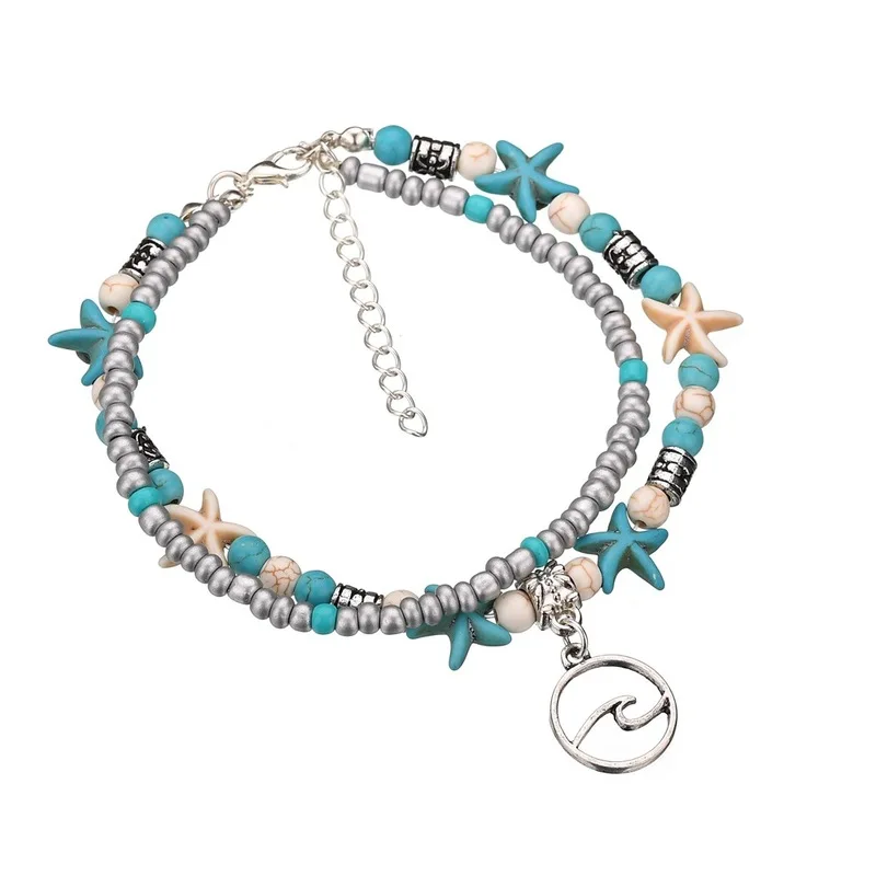 Bohemian Beach Wave Starfish Beaded Foot Chain Anklets Double Layered Pendant Adjustable Ankle Bracelets on Leg for Women | Украшения и