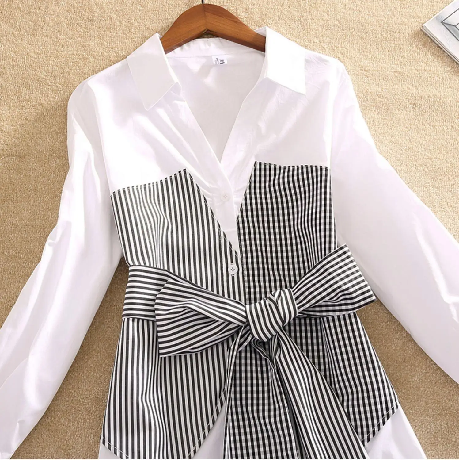 

Woman Dress Plaid Patchwork A-line Bow Bodycon Vestidos Office Lady Long Sleeve Turn-down Collar Button Clothes