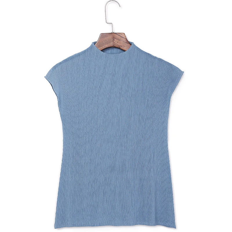 

LANMREM Pleated Stand Collar Sleeveless T-shirt For Women Solid Color Large Size Loose Slim Elastic Tops All-match 2021 New J556