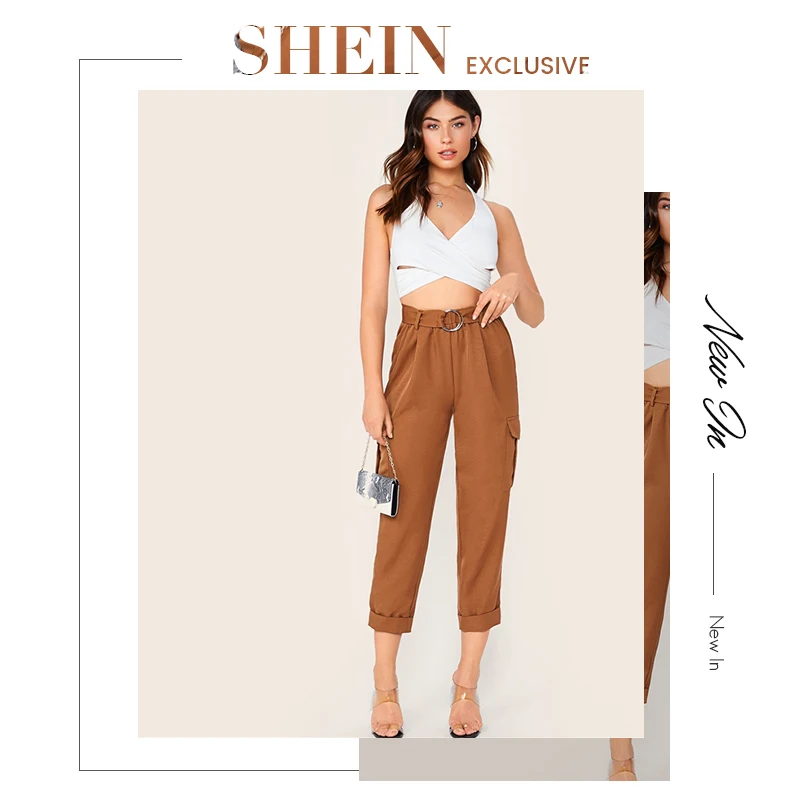 SHEIN/коричневые штаны с О-образным кольцом и поясом, с клапаном, с боковым откатом на подоле, для женщин, Осенние однотонные повседневные женские укороченные брюки с эластичной резинкой на талии