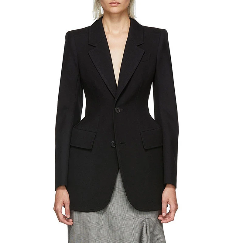 Cosmicchic Women's Black Wool Suit Shoulder Pads Waist Hugging Ladies Jackets Office Business Autumn Blazer Elegant Outwear
