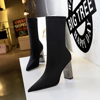 bigtree new ankle boots autumn pointed toe stretch knitting sock boots plus size high heels female slip on lady shoes