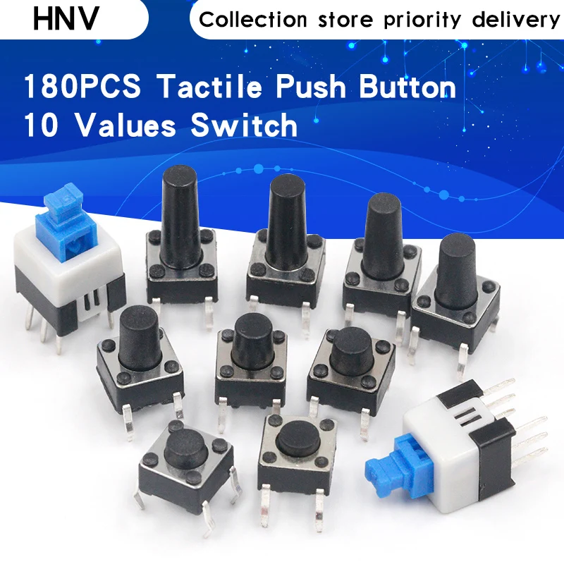 

10 Values 180PCS Tactile Push Button Switch Mini Momentary Tact Assortment Kit DIY