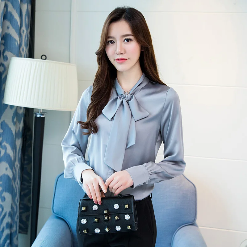 Элегантная атласная шелковая рубашка с бантом женская блузка на весну и осень