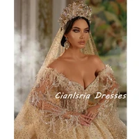 luxurious gold dubai arabic ball gown wedding dresses plus size off the shoulder long sleeve lace sequined backless bridal gowns