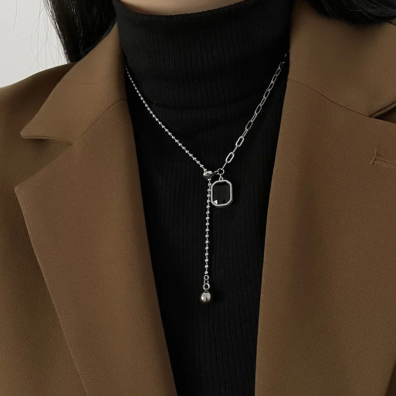

Цепочка на свитер из титановой стали 2021, ожерелье с черным драгоценным камнем, кулон с кристаллами, модное женское ожерелье, кулон, регулиру...