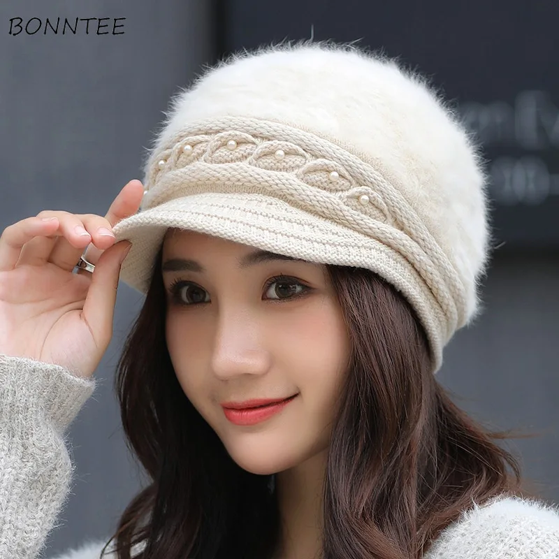 Шапка-бини Женская однотонная теплая шапка из кроличьего меха в Корейском стиле