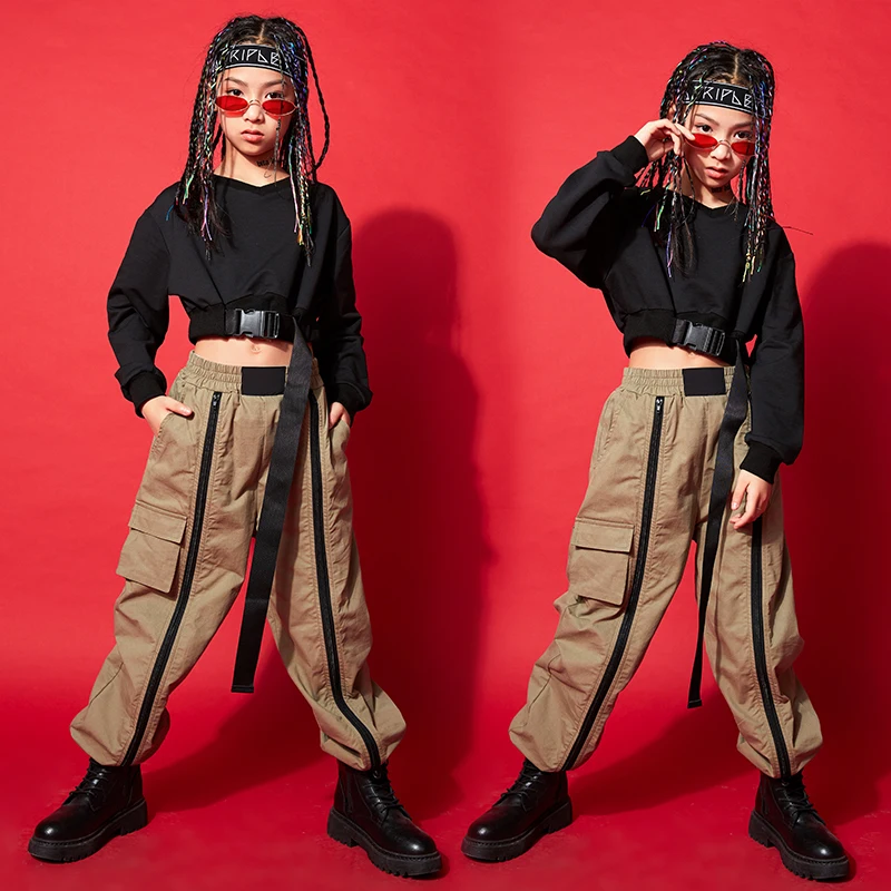 

Hip Hop Girls Clothes Black Crop Tops Loose Cargo Pants Jazz Dance Costume Kids Modern Dance Practice Performance Wear BL7171