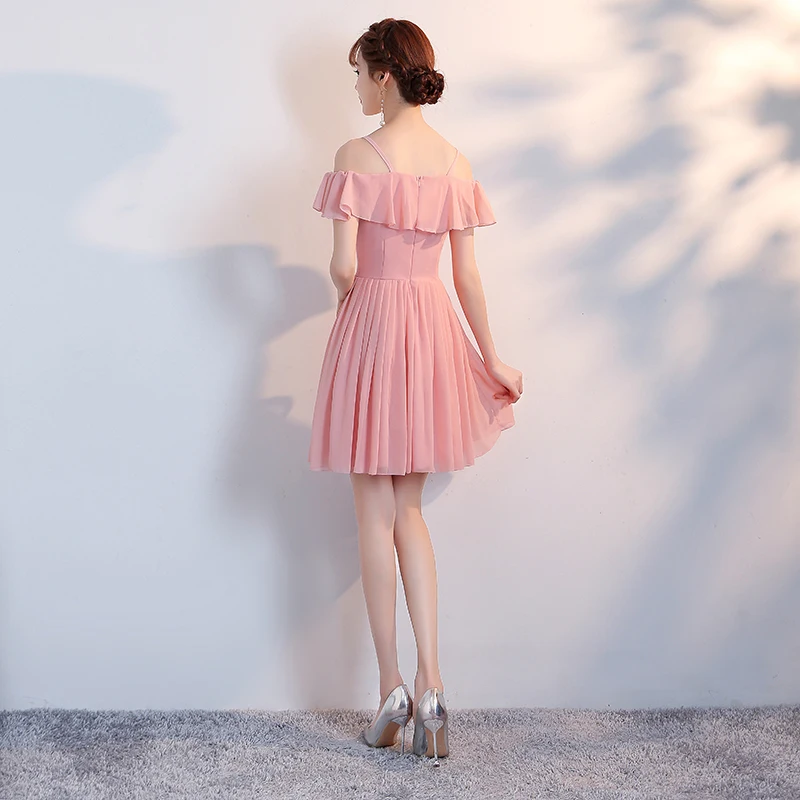 Шифоновое платье для подружки невесты короткое розовое гостей свадебной