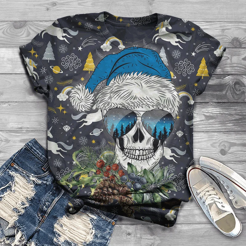 

2021 fashion casual men's and women's summer round neck 3D skull print T-shirt children's street outdoor comfortable inch shirt