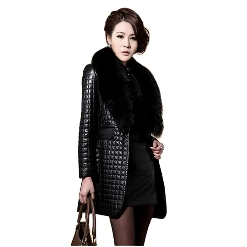 

Womens Loose Size XXL Casual Pu Black Overcoats Long Fur Collar Leather Jackets Female Leather Coats Faux Fur Coat Womens Tops