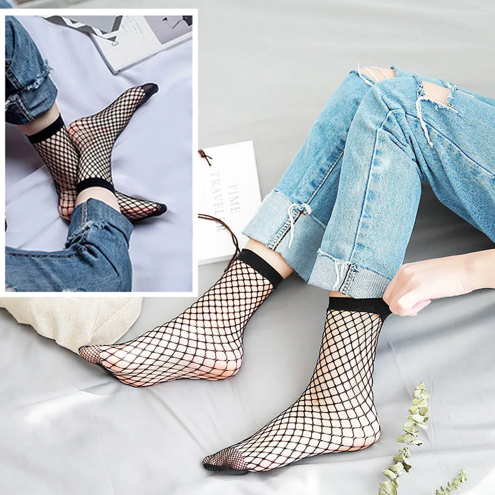 

Hot Sale 1 Pair Black Sexy Look Through Wild Fishnet Socks Half and Full Mid Hollow Fashion Short Socks Women Summer Thin