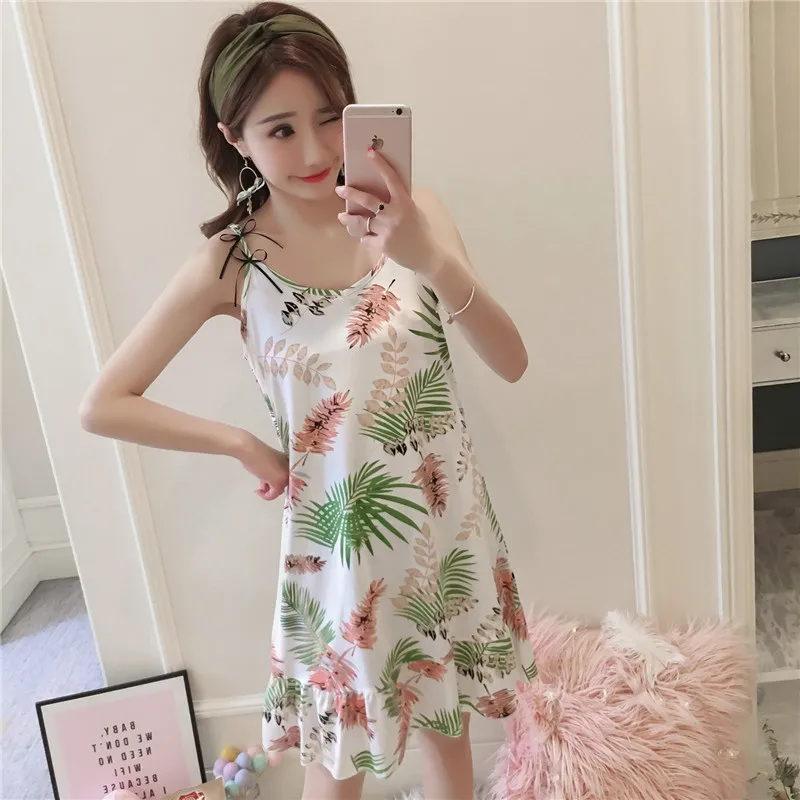 

2022 New White/blue/pink Nightgown Sling Printing Solid Color Sleeveless Nightgown Summer Sleepwear Women AD0239