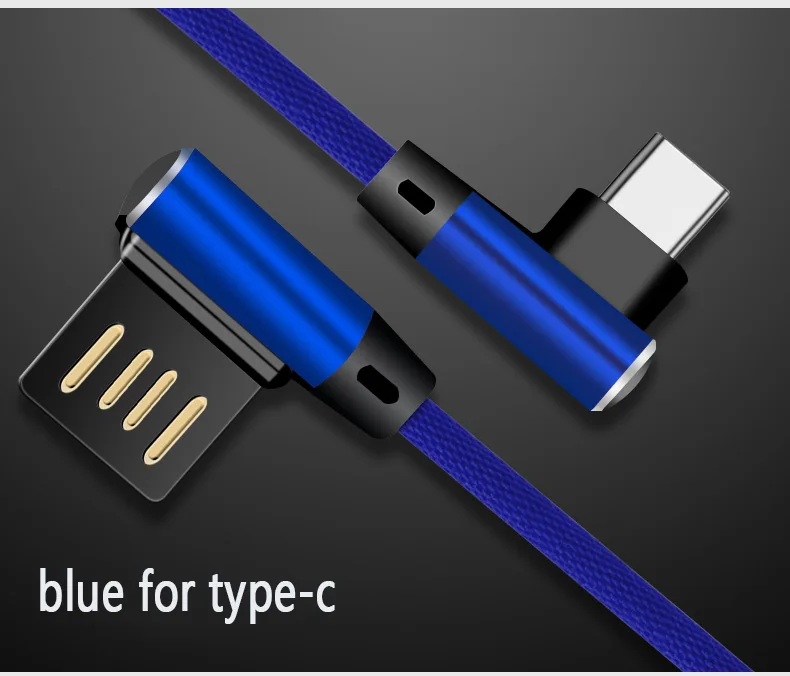blue for type-c 1 м 2 м двойной локоть под углом 90 градусов; реверсивное USB кабель с нейлоновой оплеткой зарядный кабель для синхронизации данных и быстрой шнур зарядного устройства для Кабель с разъемом Micro USB type-c для iphone - Цвет: blue for type-c
