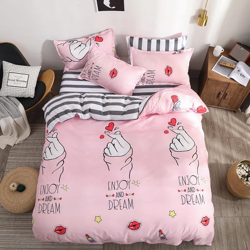

New Aloe Cotton Bed Sheets Four-piece King Size Bedding Set Quilt Romantic Than Heart Printing Pillow Duvet Cover Brief Style