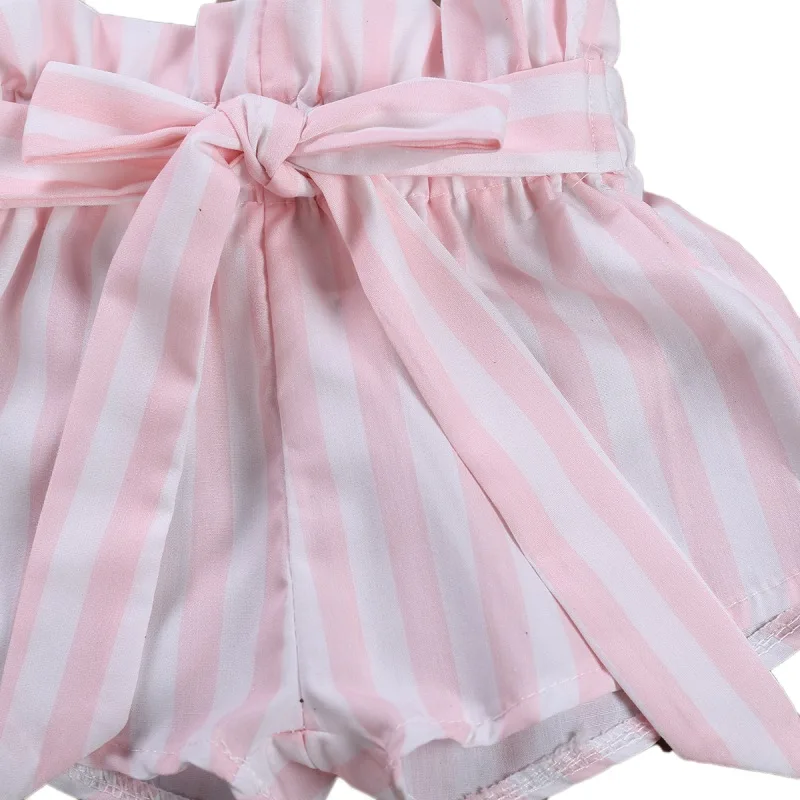 

Summer Baby Girl Casual Flare Sleeve Cotton Floral Print Romper Tops Striped Shorts Outfits Set Infant Baby Girls New