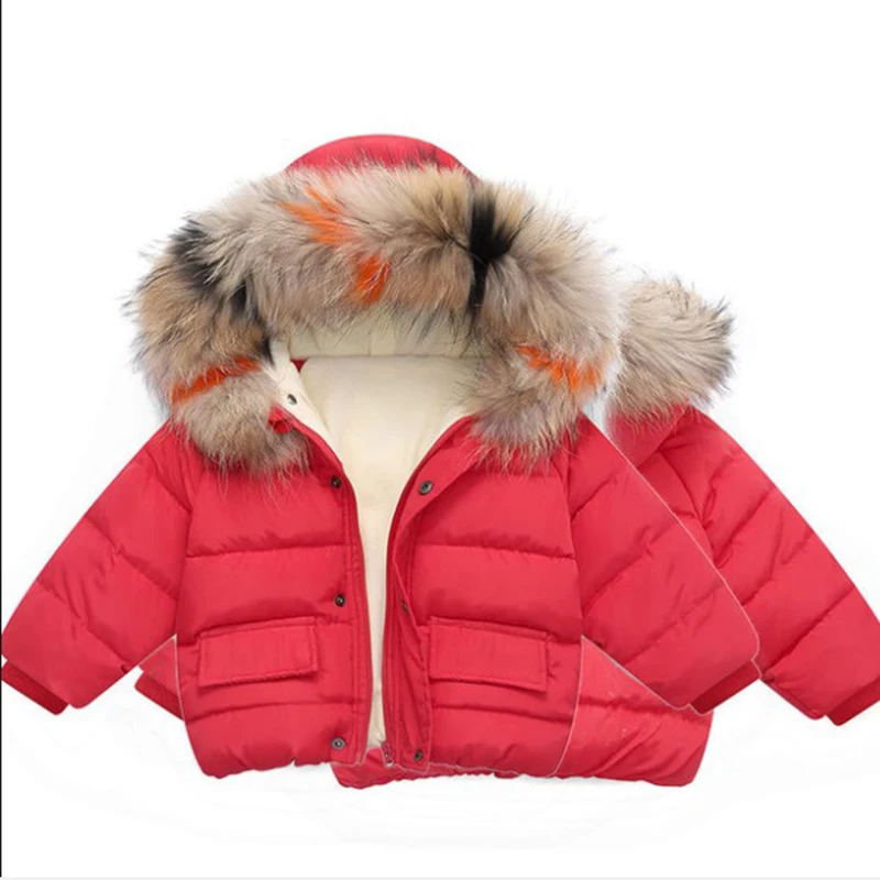 Red Winter Fashion Girls Big Fur Collar Down Jacket Cotton Boy Hooded Jacket Thickening Children's Warm Cotton Jacket 3-8 years old - Цвет: Red