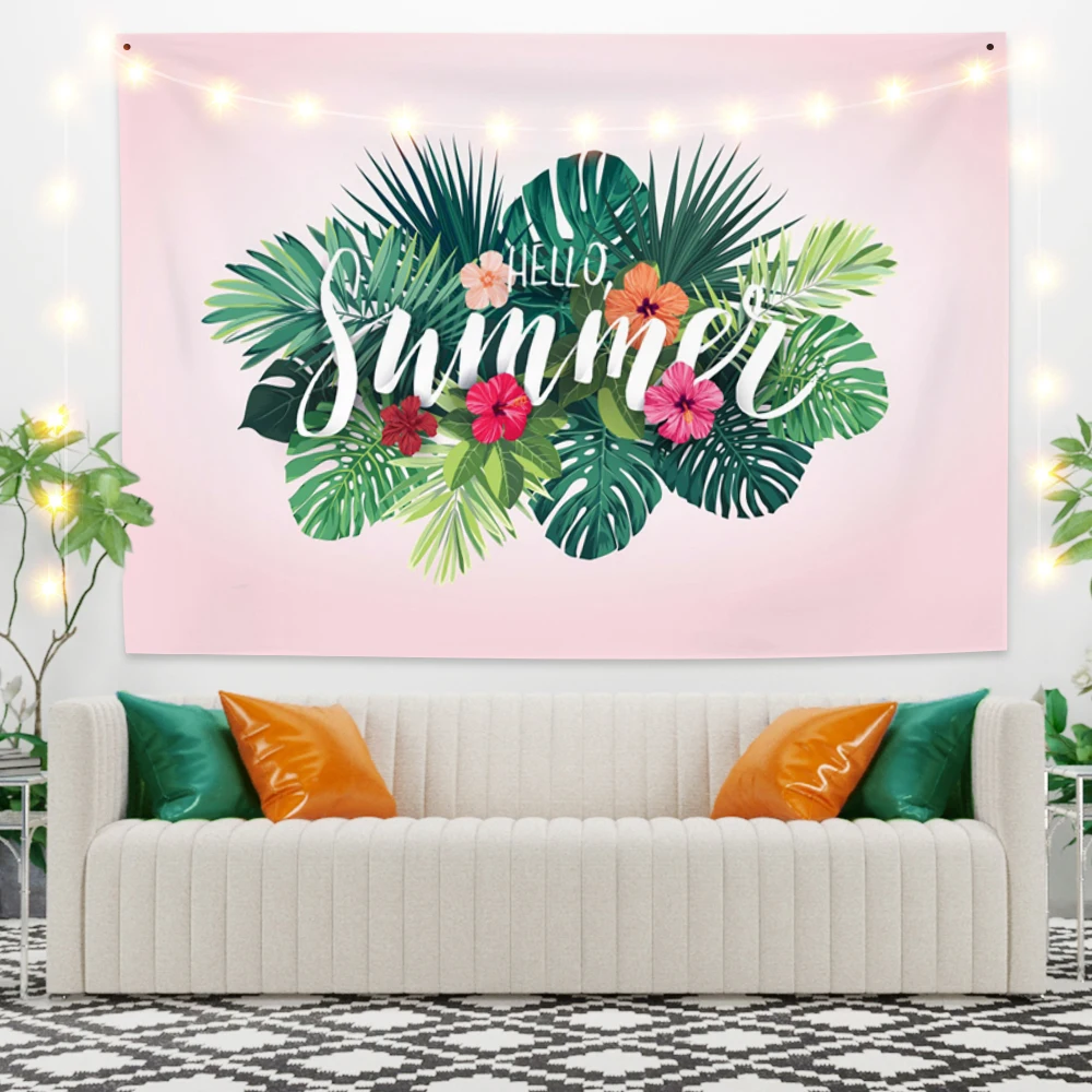 

Palm Leaves Flowers Plant Pink Tapestry Dorm Bedroom Fashion Wall Hanging Beach Picnic Mat