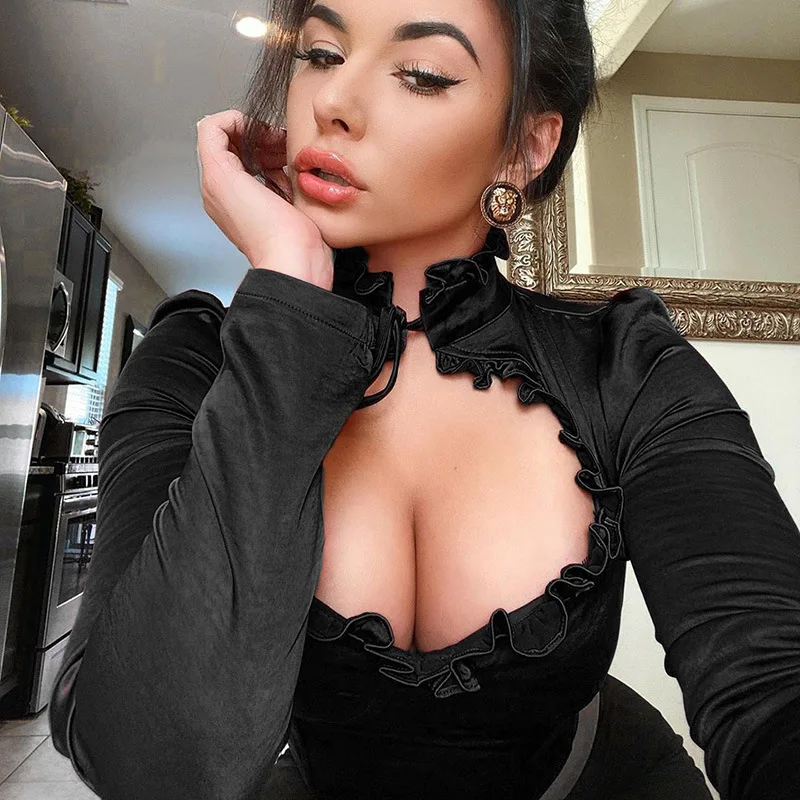 Женские Короткие Топы Блузы с воротником стойкой и длинным рукавом открытые