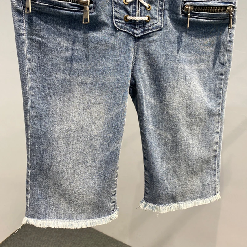 

TWOTWINSTYLE Casual Patchwork Tassel Pants For Women High Waist Cross Lace Up Streetwear Denim Trousers Female Fashion New Tide