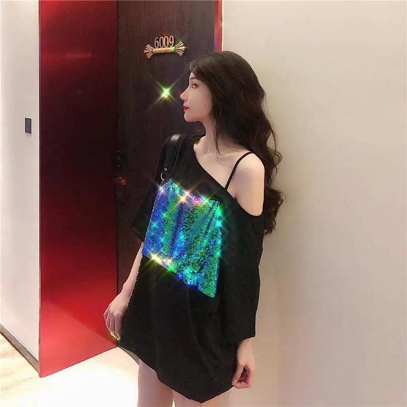 

Summer women's new fashion fake two-piece top sequins small sexy shoulder-length short sleeve T-shirt