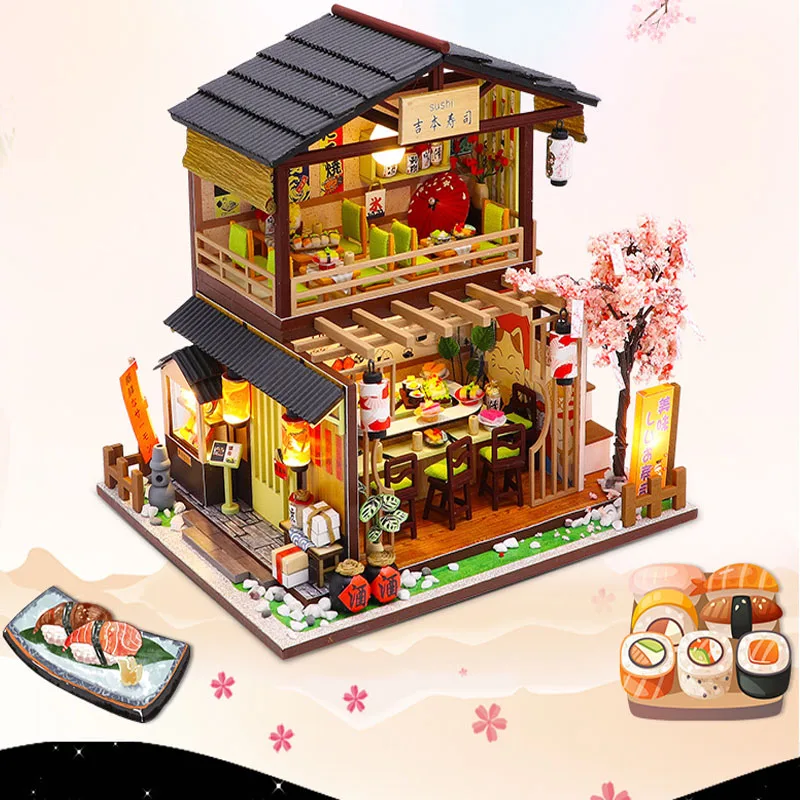 

Creative Japanese Wooden Handmade Dollhouse DIY Doll House Sushi Shop Mini Furniture Toys Children Birthday Gift For Children
