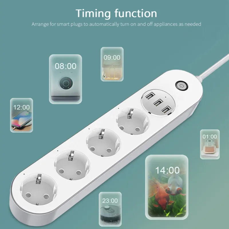 

Wifi Tuya Smart Power Strip 4 EU Outlets 10A Plug Socket 3USB Charging Port Timing App Voice Control Work With Alexa Google Home