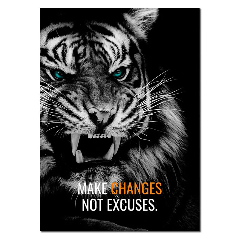 

Animal Art Canvas Fierce Sharp Teeth Open Mouth Tiger English Background Poster European and American Style Living Room Decor