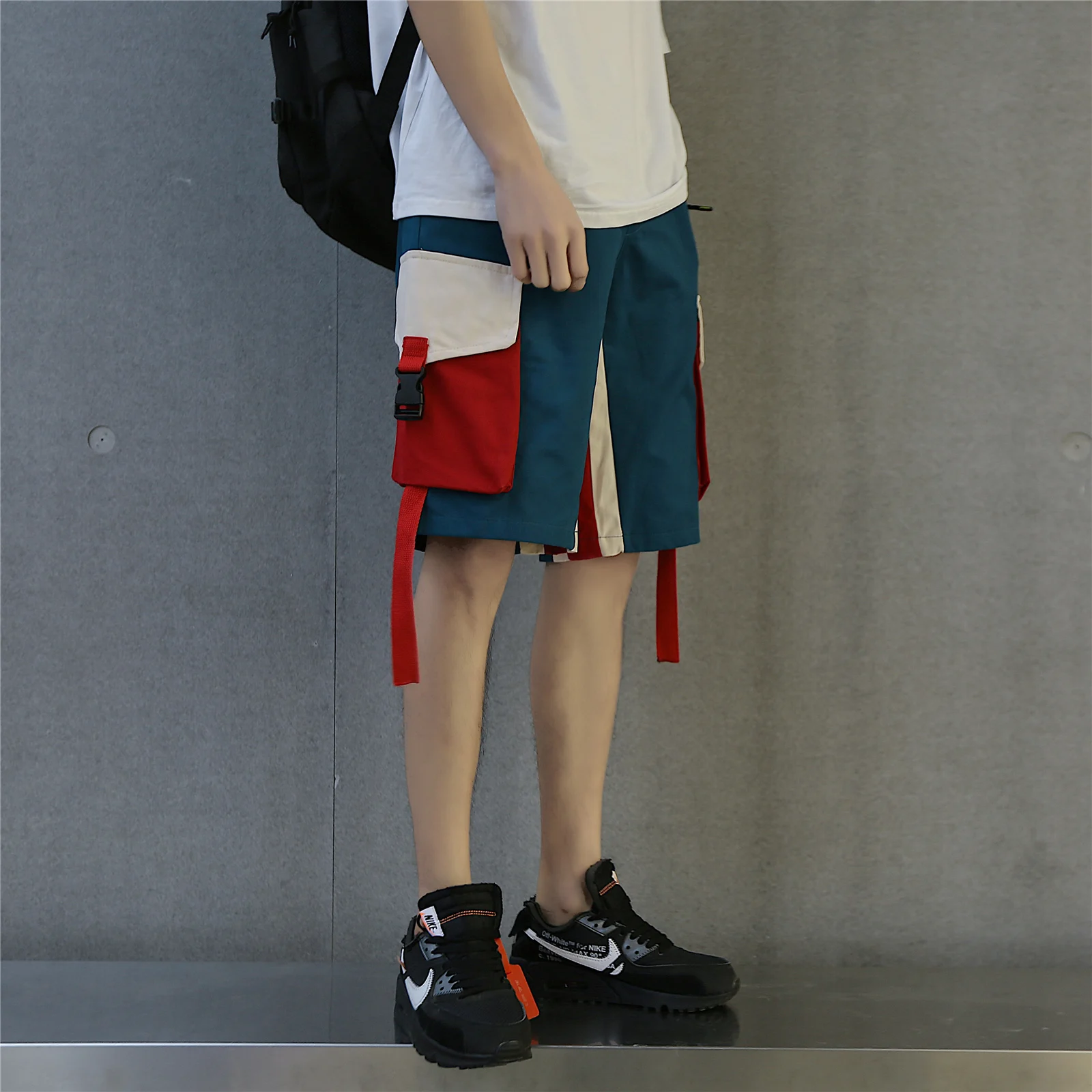 

Summer Overalls Splicing Shorts Male Korean Loose Straight Casual Knee Length Pants Pocket Short Masculino Male Clothes ED50DK