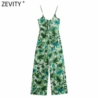 zevity 2021 new women tropical green leaves print wide leg pants jumpsuits chic lady summer bow tied sling conjion rompers p1164