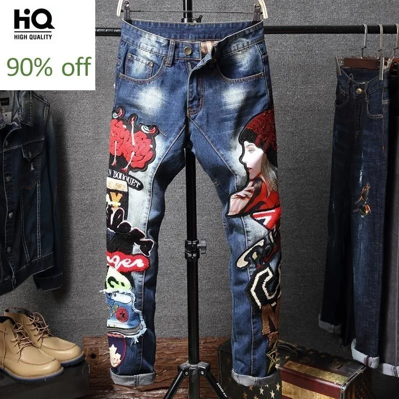 2020 мужские модные корейские с вышивкой и кисточками джинсы деним повседневные