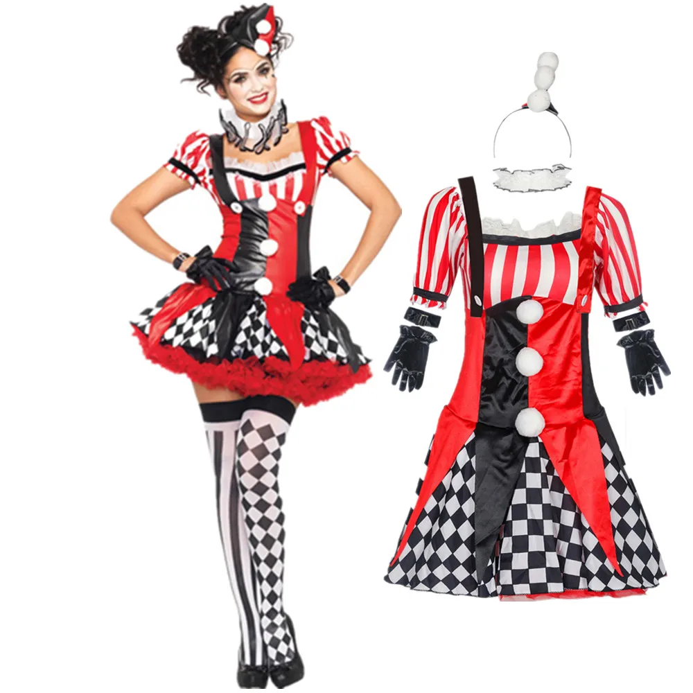 4Pcs Adult Women Funny Circus Clown Costume Female Clown Cosplay Carnival Halloween Fancy Dress Performance Clothing
