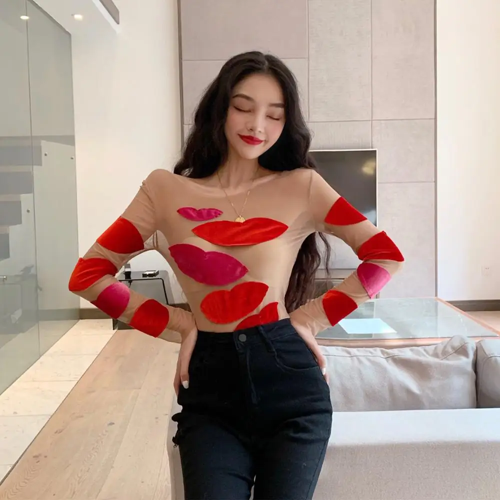 WHITNEY WANG Весенняя мода уличная бархатная Лоскутная Сексуальная Сетчатая футболка женская футболка Женские топы