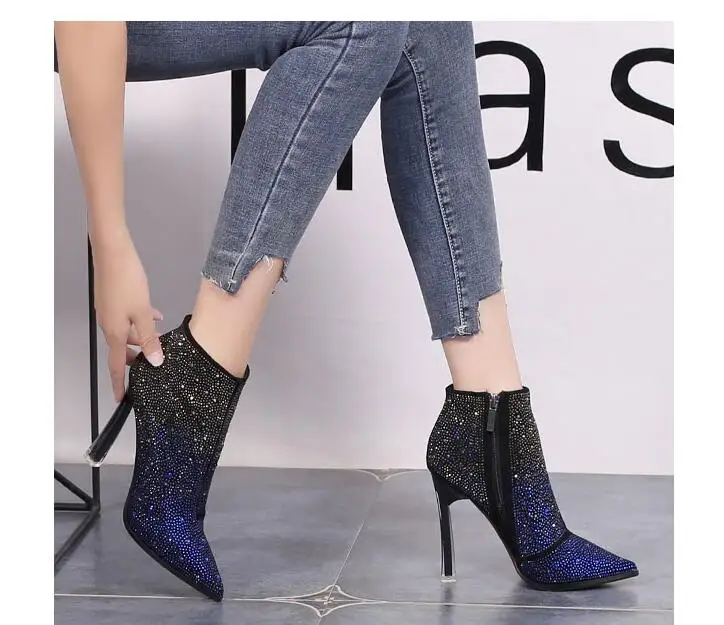 Женские сексуальные ботильоны с острым носком на тонком каблуке кристаллами и