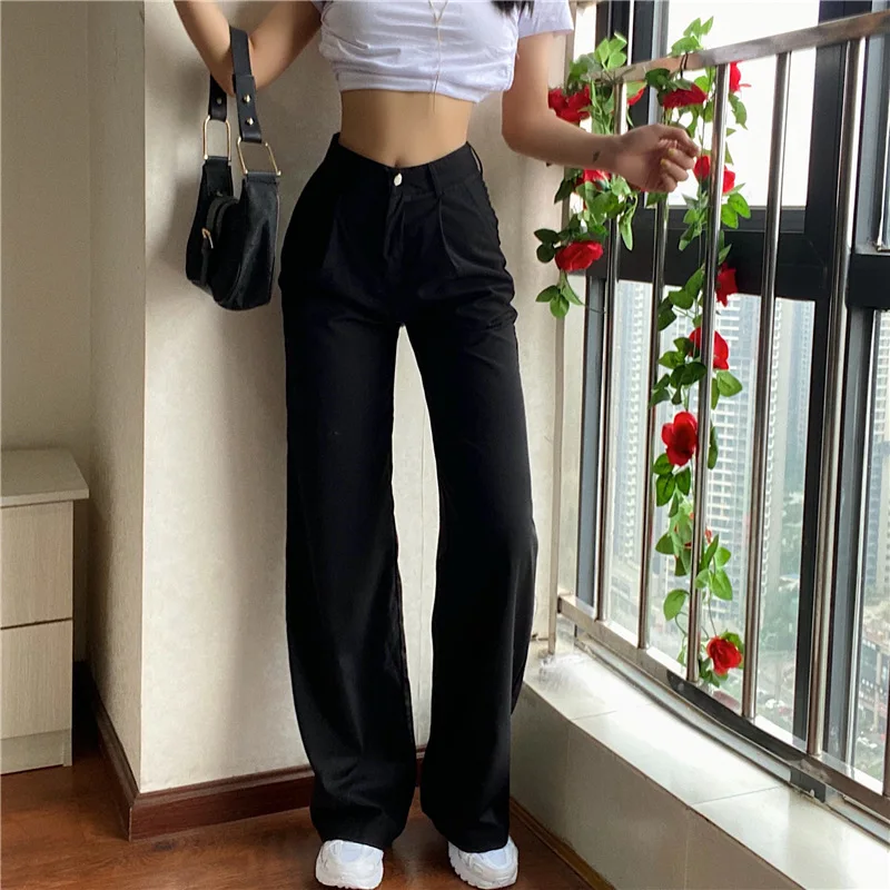 

Straight Leg Pants For Women Black Classic High Waist Femme Trousers 2021 Fashion Summer Comfort Loose Wide Leg Mom Pants New