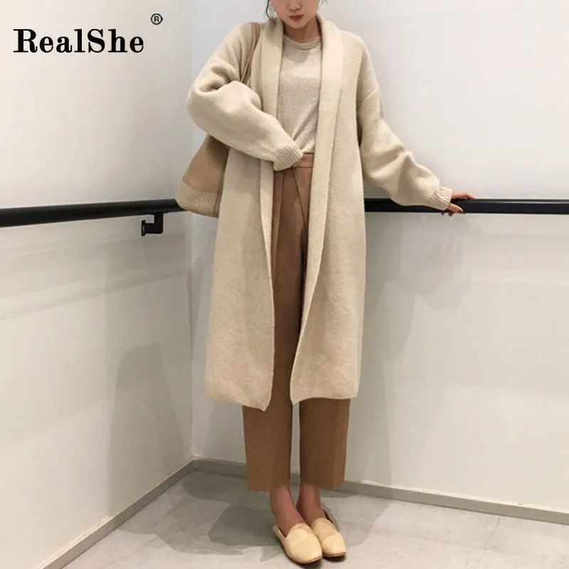 RealShe длинный женский кардиган с отворотом рукав осенние свитера для женщин