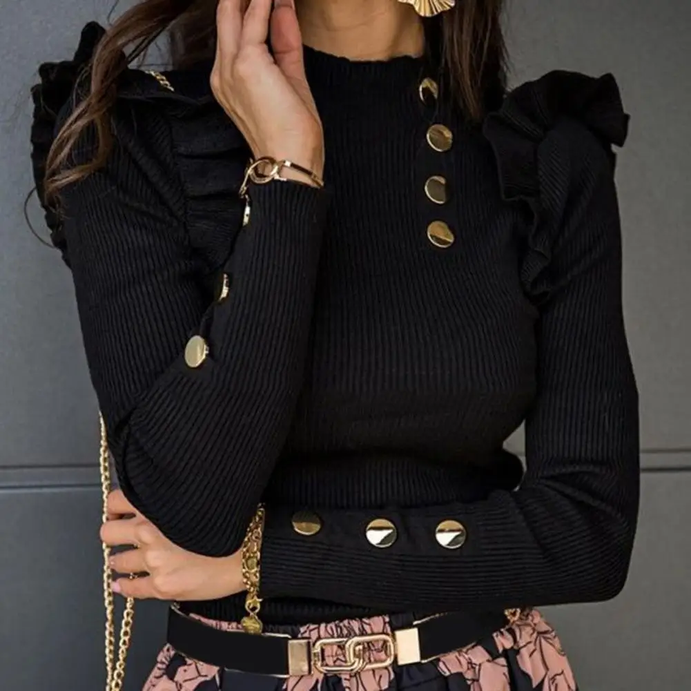 

Plus Size 2021 Shirt Women Autumn Winter Long Sleeve Knitwear Rib Ruffle Buttons Blouse Basic Shirt