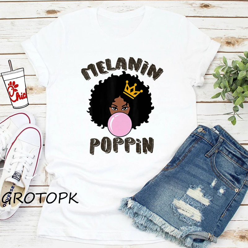 Melanin Poppin T-shirt Black Girl Harajuku Ulzzang T-Shirt Female Magic Korean Style Top Tee Shirts Woman Clothes | Женская одежда