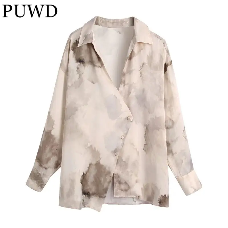 

PUWD Oversize Women V Neck Blouse 2021 Autumn Fashion Ladies Chinese Style Vintage Shirt Female Double-breasted Printed Shirt