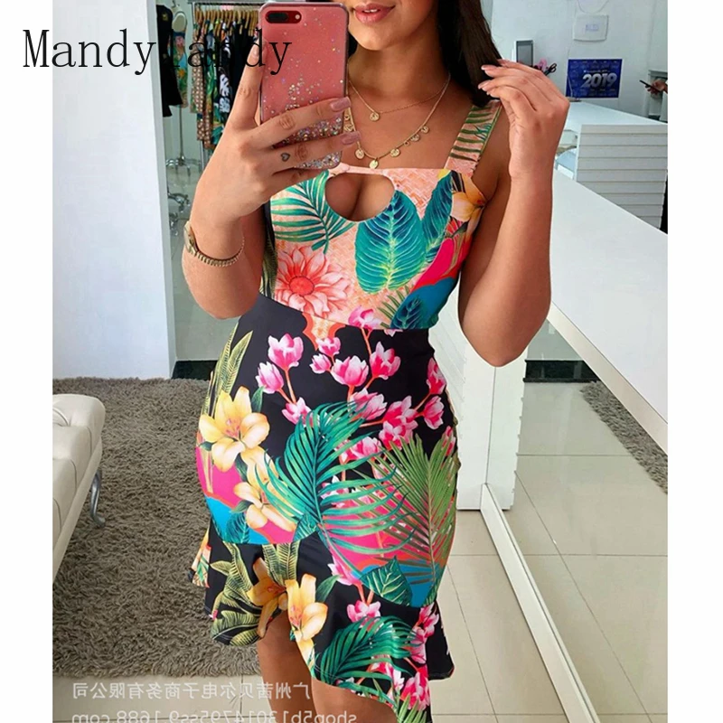 

Женское платье с цветочным принтом Mandylandy, летнее платье с квадратным вырезом и высокой талией на бретелях-спагетти, повседневное облегающе...